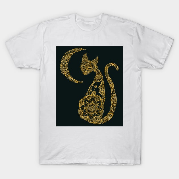 Cat and Moon - Gold T-Shirt by MariaMahar